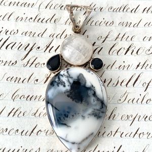 Beautiful Aryo 925 Silver Moonstone/Faux Marble/Black Stones